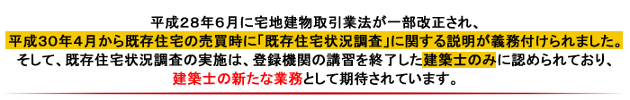 平成28年6月に宅地建物取引業法が一部改正され、平成30年4月から既存住宅の売買時に「既存住宅状況調査」に関する説明が義務付けられます。そして、既存住宅状況調査の実施は、登録機関の講習を終了した建築士のみに認められており、建築士の新たな業務として期待されています。